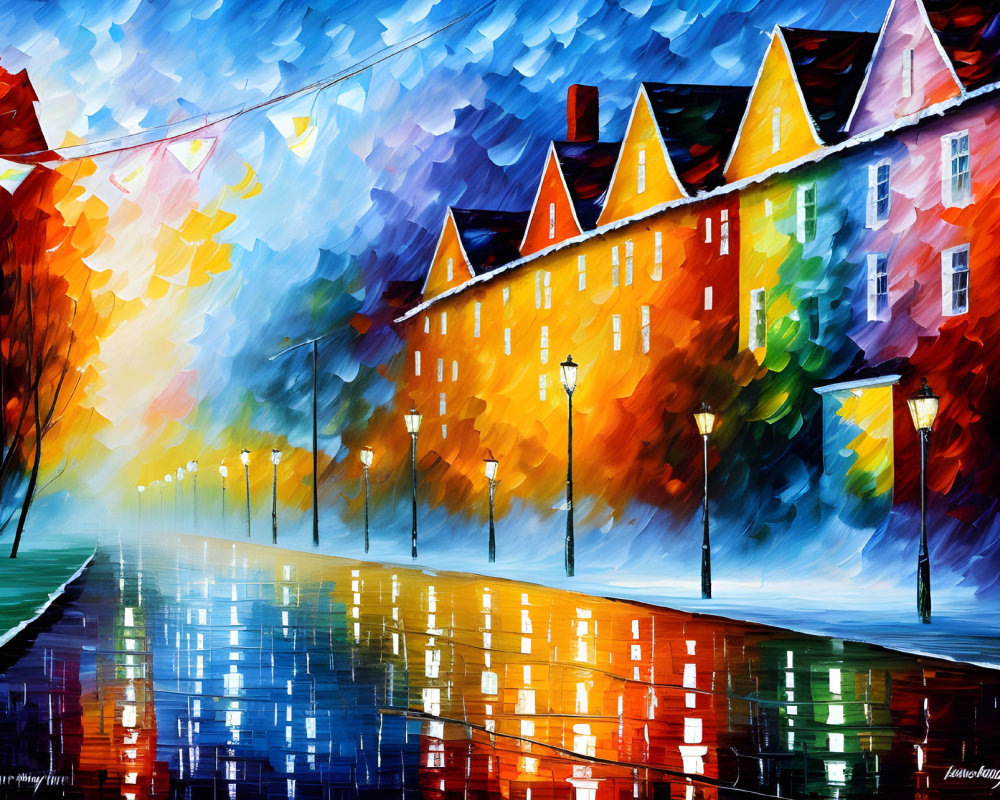 Colorful Impressionistic Rainy Cityscape Painting with Buildings and Street Lamps