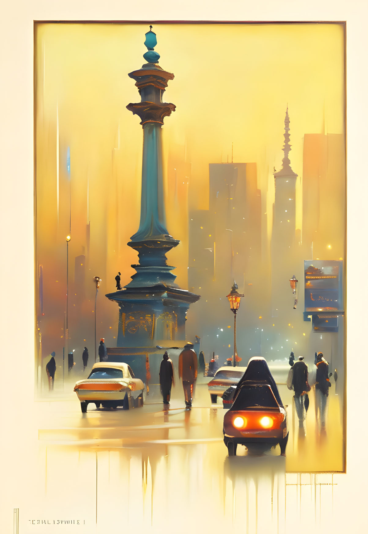 Futuristic cityscape with blue tower, street lamps, vintage cars & pedestrians.