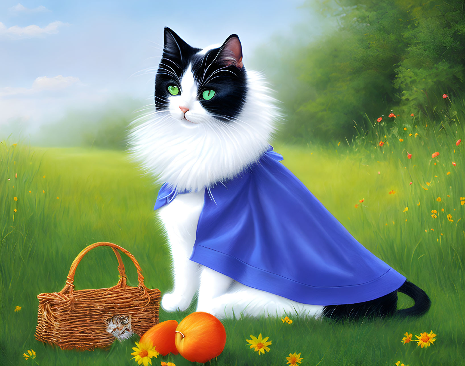 Black and White Cat with Blue Cloak in Lush Field with Basket, Kitten, and Or