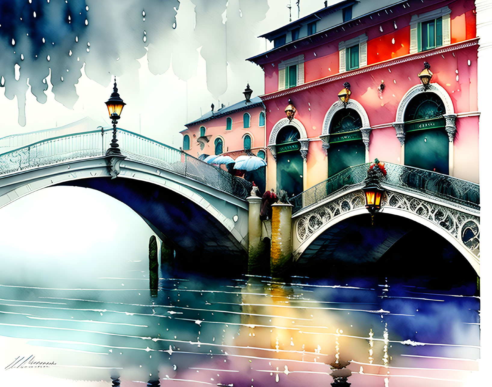 Vibrant cityscape painting with ornate bridge, umbrella holder, colorful buildings, and raindrops