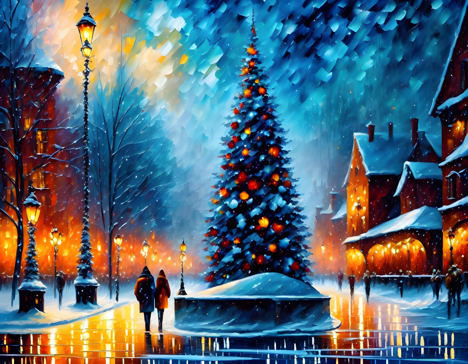 Snowy Christmas scene with decorated tree and couple in quaint town