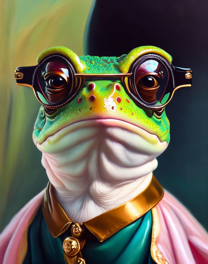 Stylized digital artwork of a frog in sunglasses, green jacket, and top hat