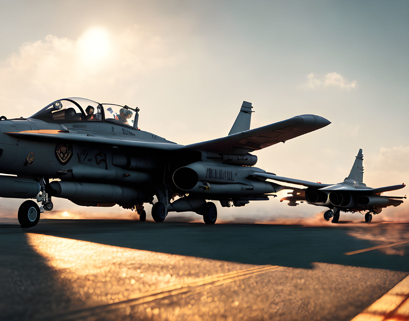 Military fighter jets on airstrip with warm sunset sky