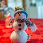 Snowman with Top Hat and Scarf on Red Surface