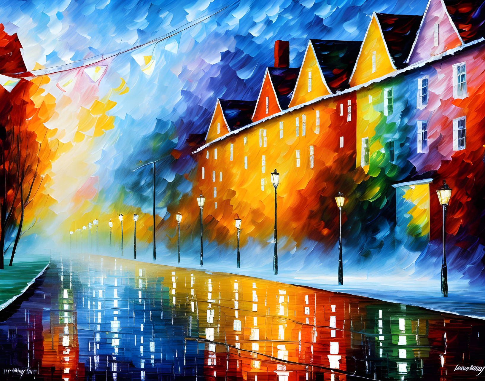 Colorful Impressionistic Rainy Cityscape Painting with Buildings and Street Lamps