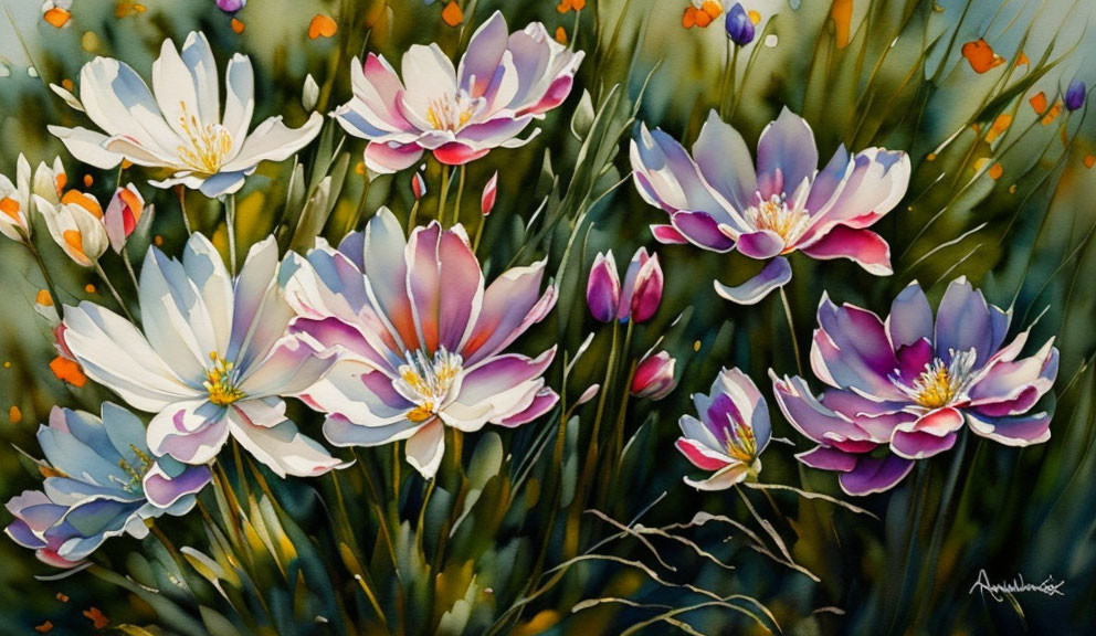 Colorful watercolor painting of blooming lotus flowers in lush foliage.