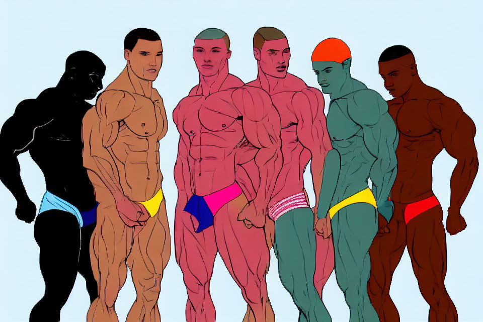 Six Muscular Male Figures in Colorful Briefs on Gradient Background