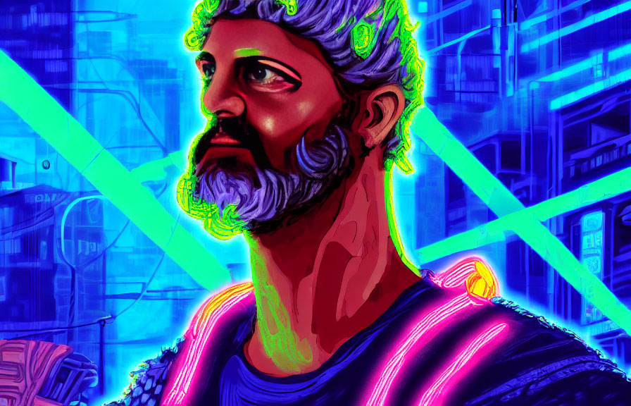 Bearded man in classical attire against neon cityscape in blues and purples