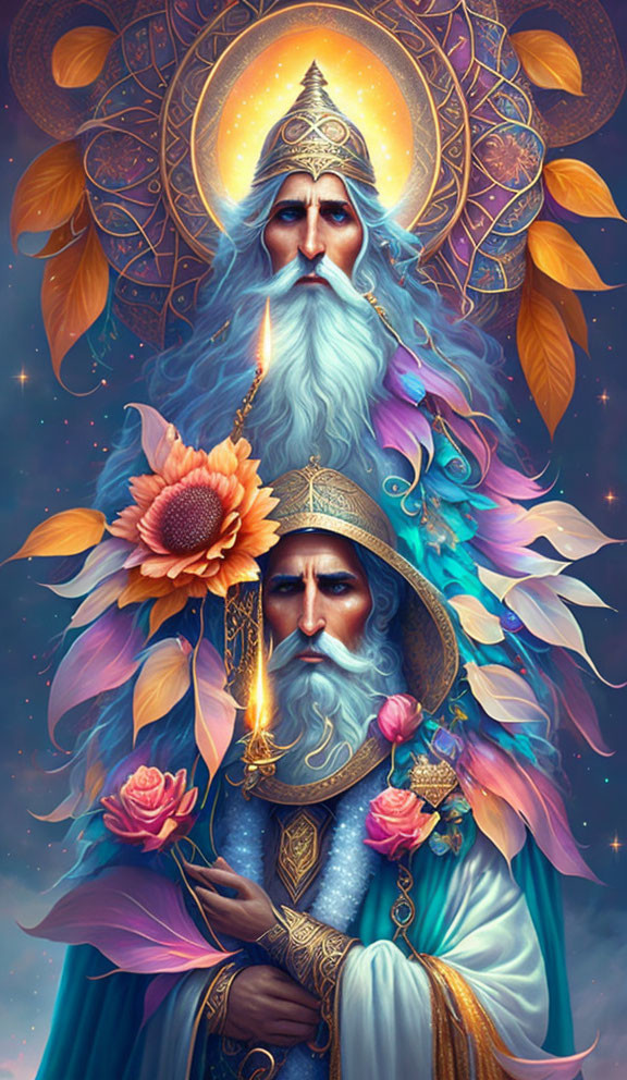 Two majestic, bearded figures in ornate garments with celestial motifs, holding candles amidst vibrant flowers and