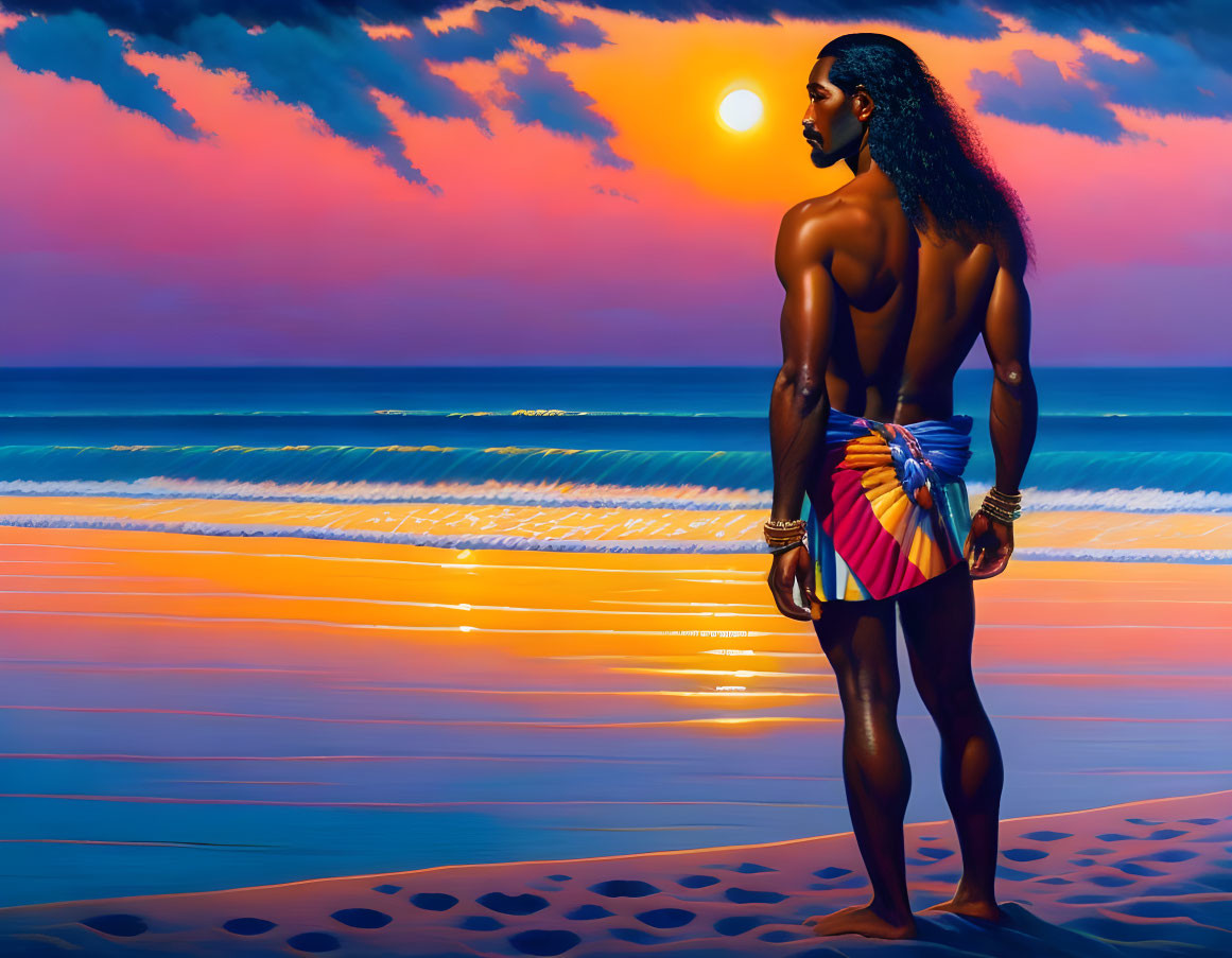 Person in Colorful Traditional Clothing on Beach at Sunset