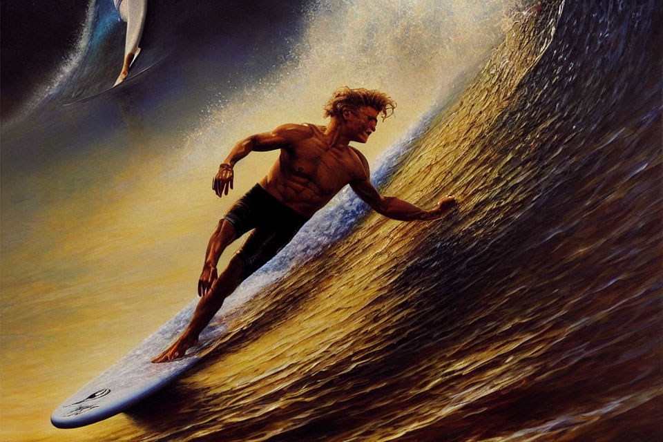 Blonde surfer riding wave with surreal dolphin and golden sunset