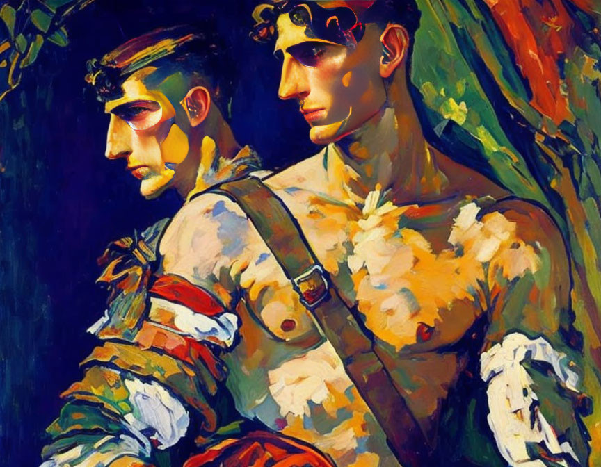 Vibrant painting of two men with intense expressions on dark background