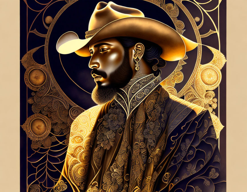 Illustration of bearded person in cowboy hat with ornate clothing on dark background.