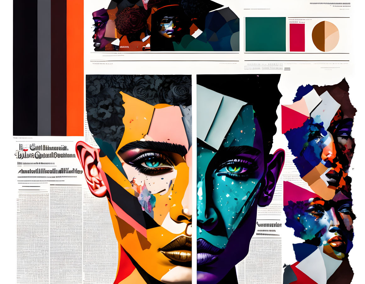 Abstract Graphic Design Collage: Vibrant Face Portraits on Newspaper Background