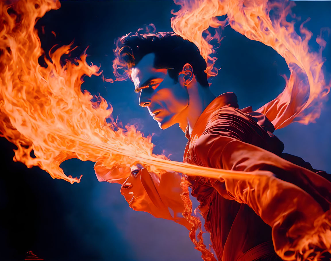 Person in Dramatic Orange and Blue Lighting Manipulating Intense Flames