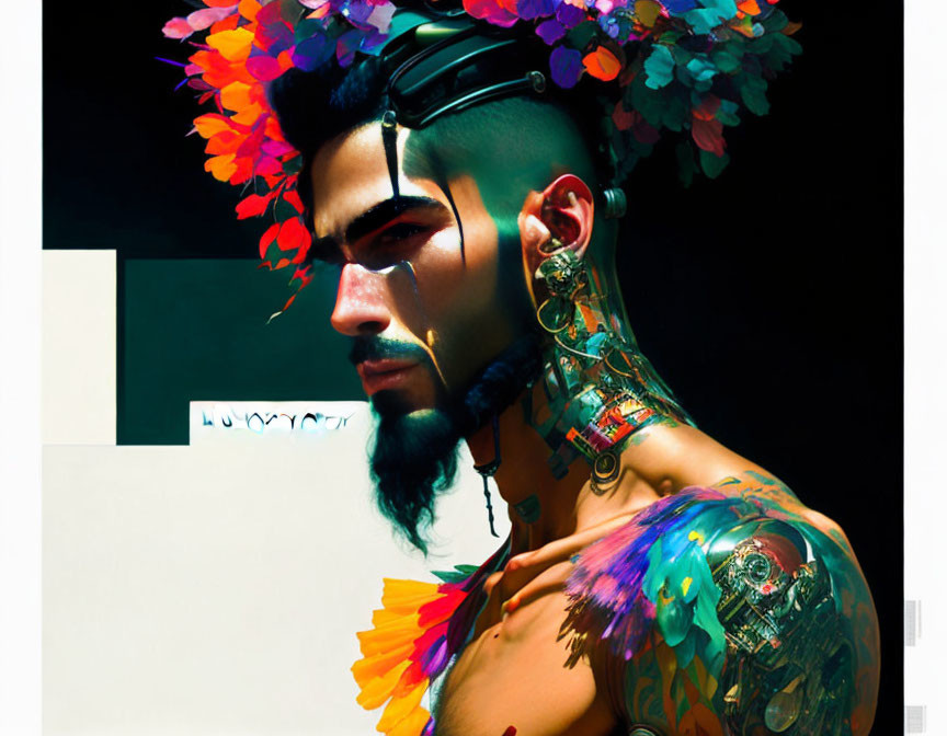 Person with Vibrant Floral Crown, Beard, and Colorful Tattoos Pose Against Shadowed Background