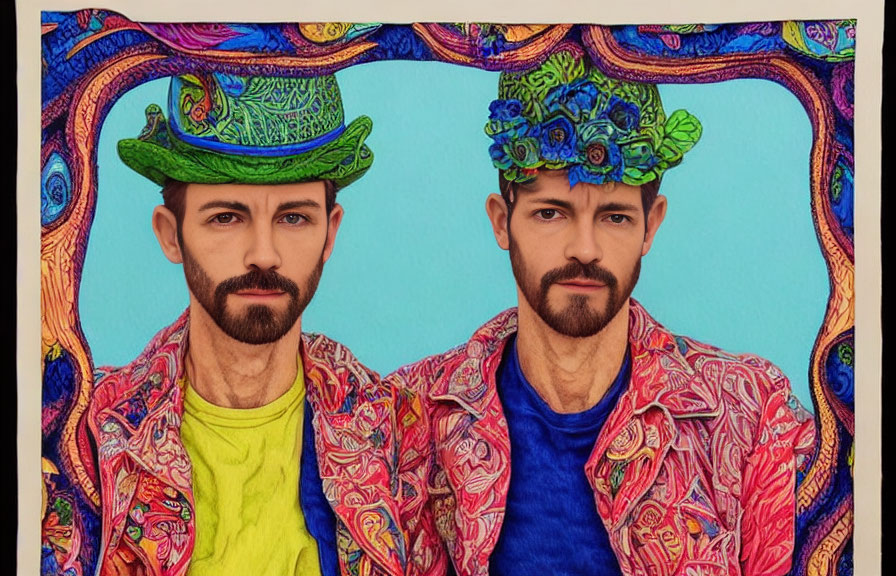 Two bearded men in colorful attire and ornate hats on vibrant backdrop.