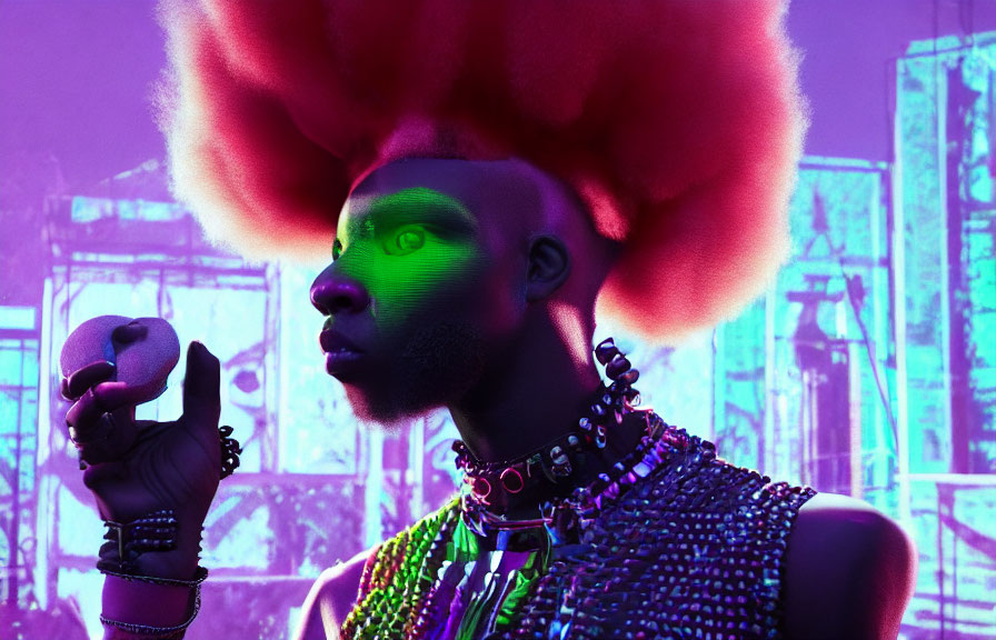 Vibrant red afro and green facial markings person holding an apple in purple neon-lit city