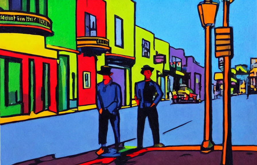 Vivid Street Scene with Silhouetted Figures and Colorful Buildings