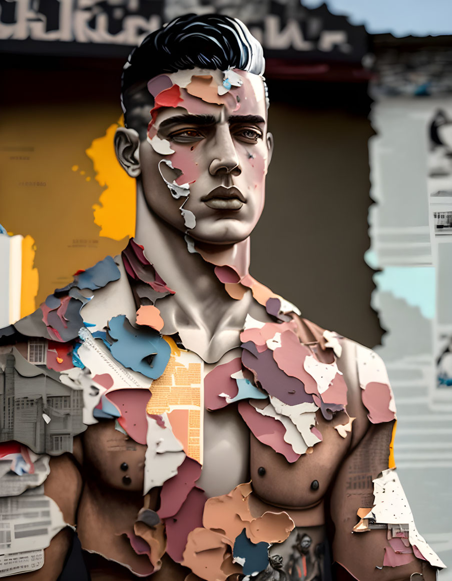 Male figure with peeling facade showing urban collage beneath