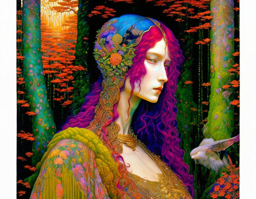 Illustrated woman with multicolored hair in fantasy forest with white rabbit