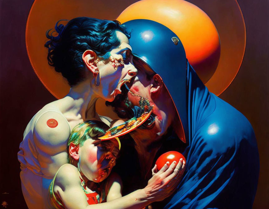 Colorful surreal painting of adults embracing with child in distorted features