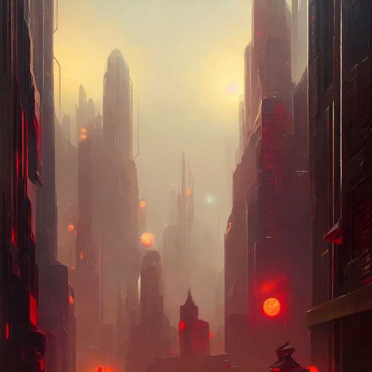 Dystopian cityscape with misty towers and red lights