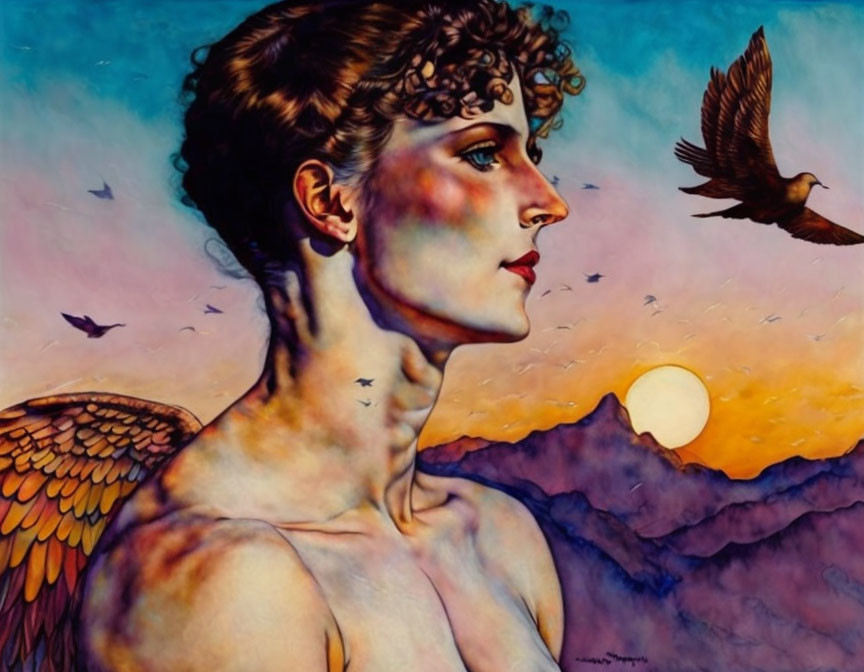 Portrait of person with curly hair and wings in sunset scene with birds