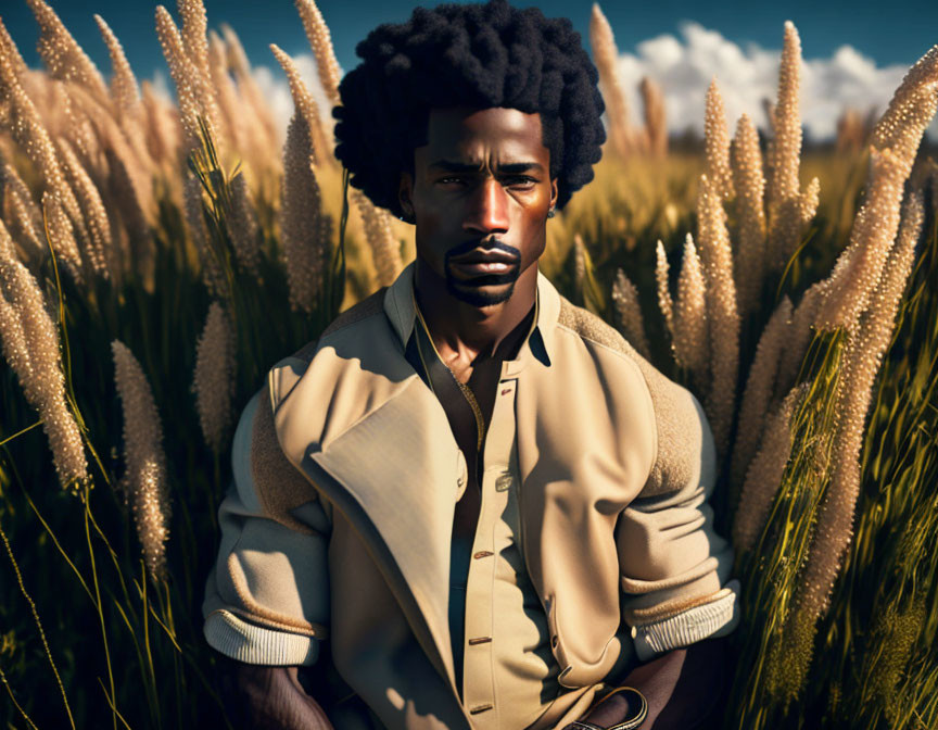 Man with Afro in Beige Shirt Standing in Golden Reeds