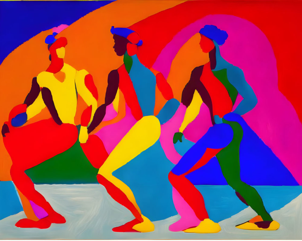 Colorful Stylized Silhouettes on Abstract Background: Movement and Dance Theme