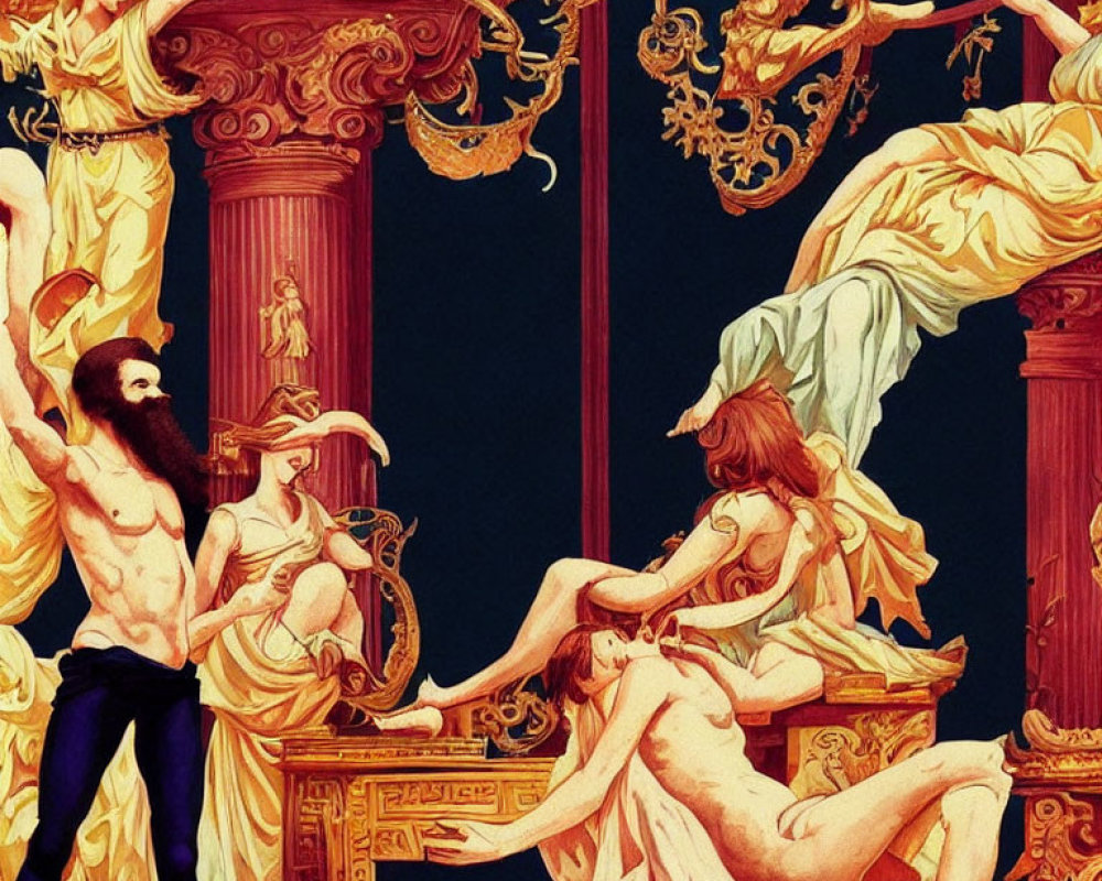 Intricate Artwork of Mythical Beings in Classical Setting