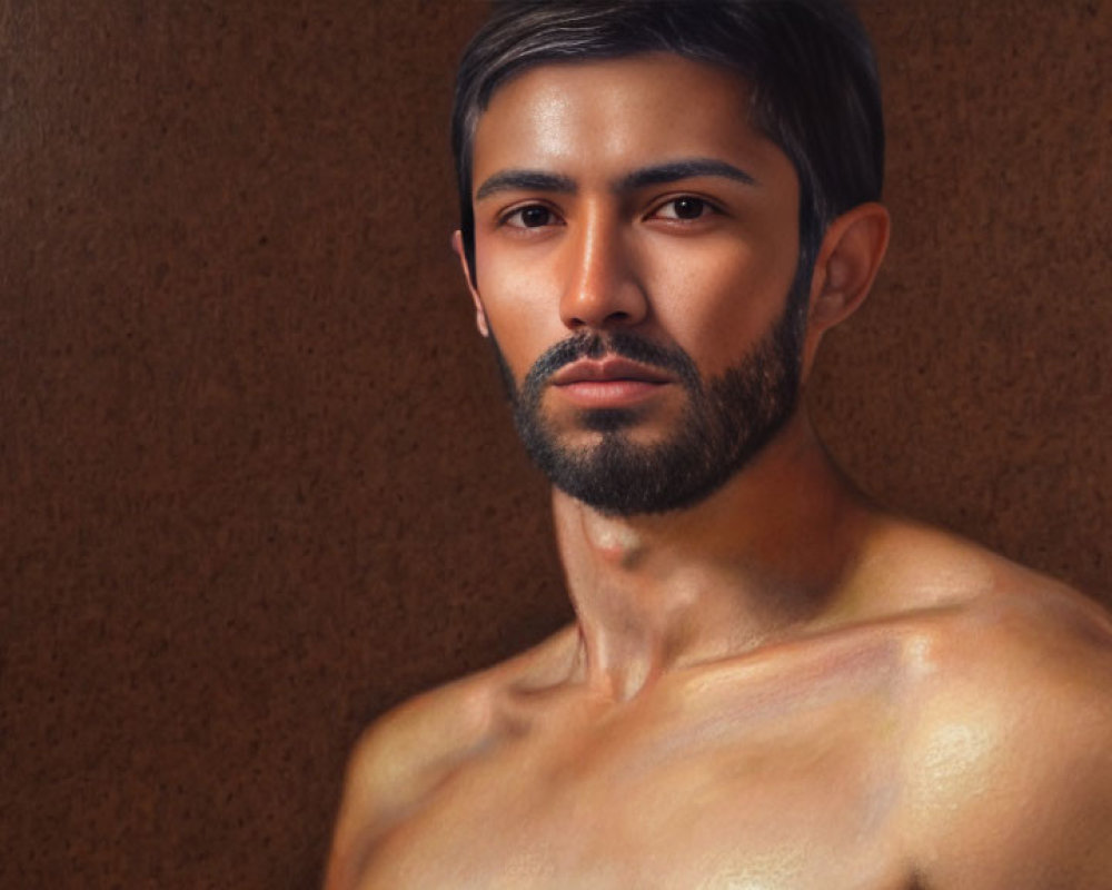 Bearded shirtless man portrait against textured brown background