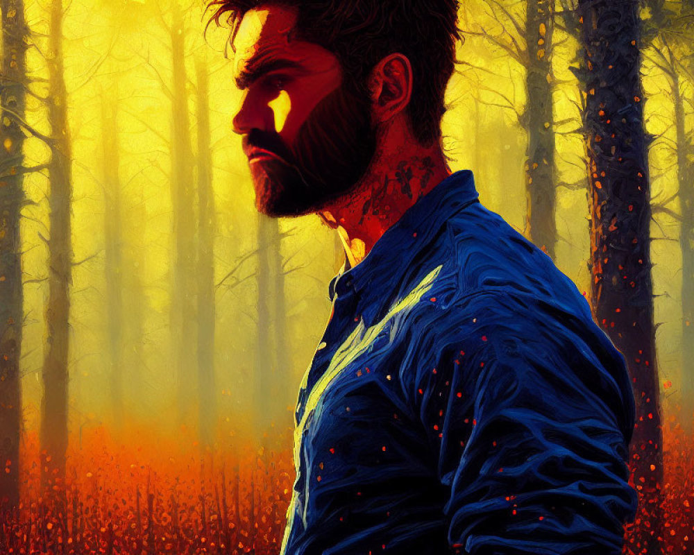 Intense gaze of bearded man in fiery forest at dusk