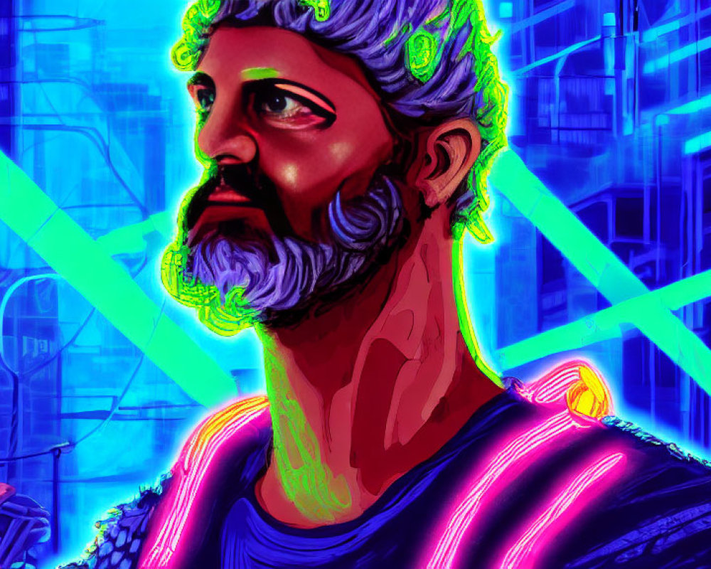 Bearded man in classical attire against neon cityscape in blues and purples