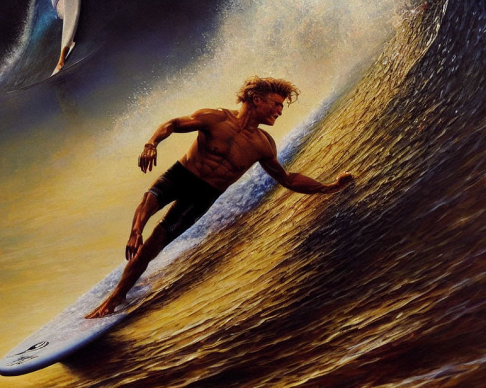 Blonde surfer riding wave with surreal dolphin and golden sunset