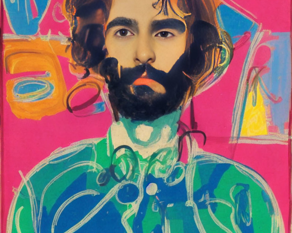 Photographic portrait merged with vibrant abstract painted elements in pink, blue, and green hues showcasing a be