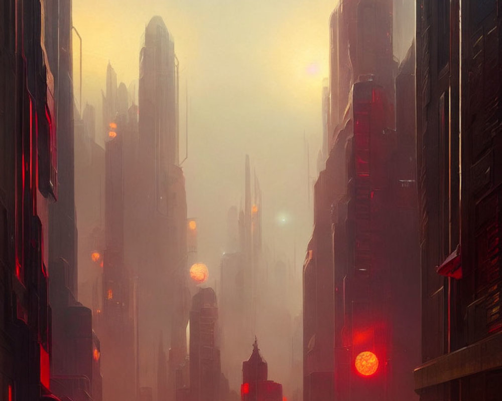 Dystopian cityscape with misty towers and red lights