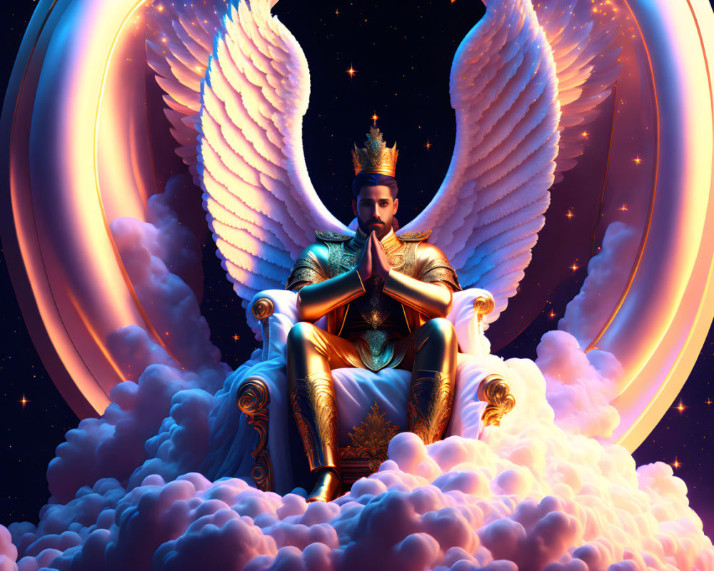 Regal figure with crown and wings meditates on throne in celestial setting