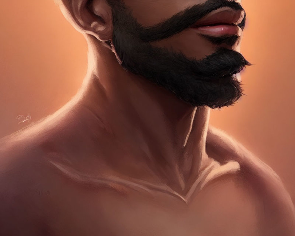 Detailed close-up illustration of a bearded man's lower face and neck in warm tones with soft lighting