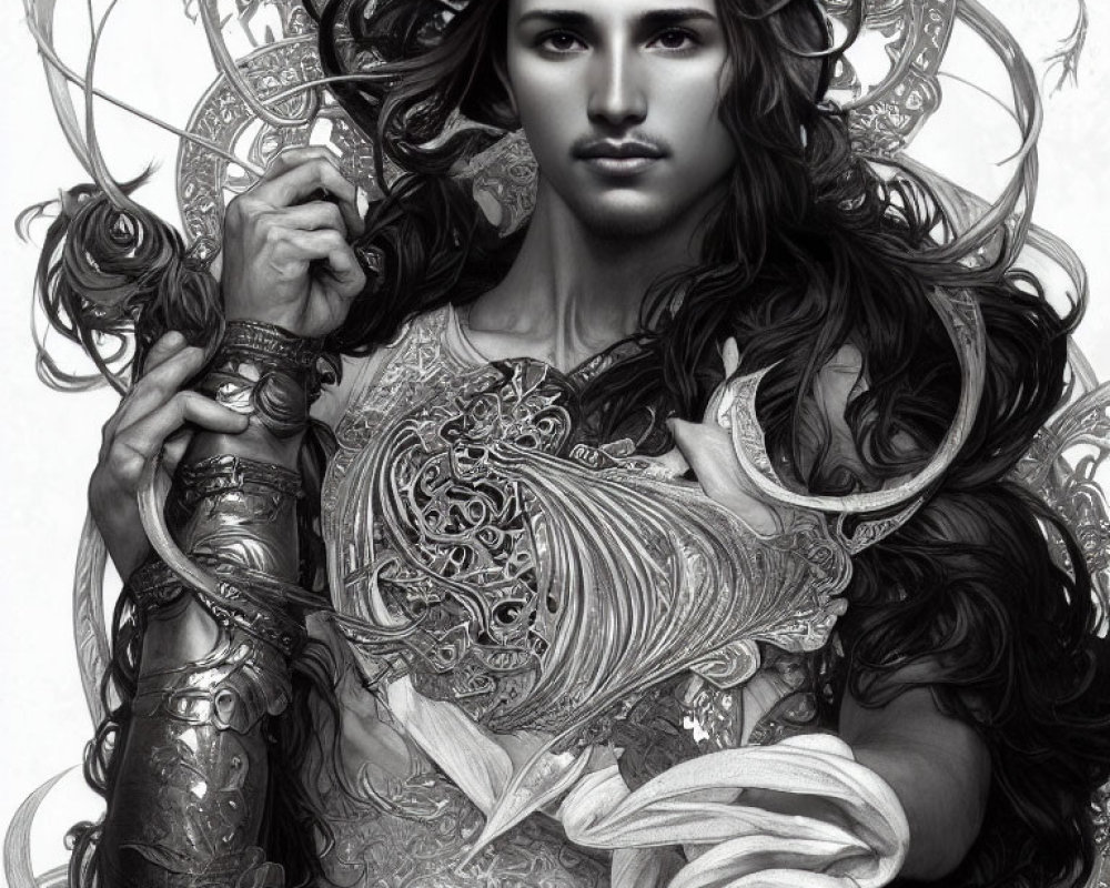 Detailed Monochrome Illustration of Person with Flowing Hair and Ornate Armor