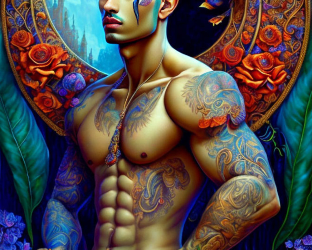Detailed Tattoos on Shirtless Man in Magical Moonlit Setting
