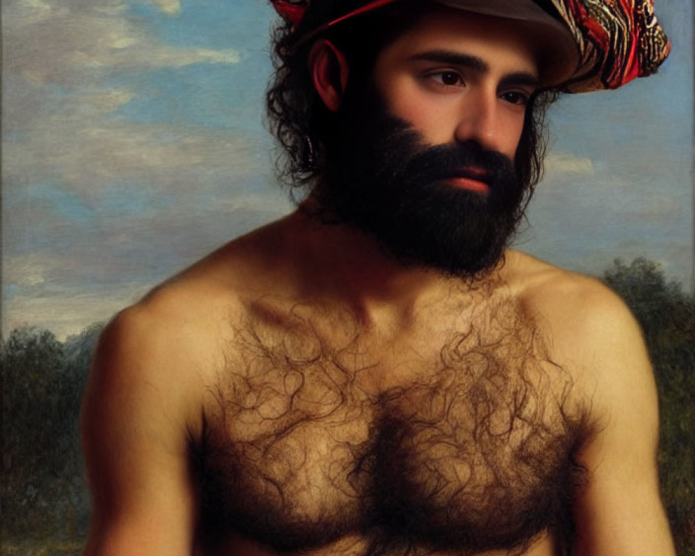 Shirtless bearded man with colorful hat in classical landscape