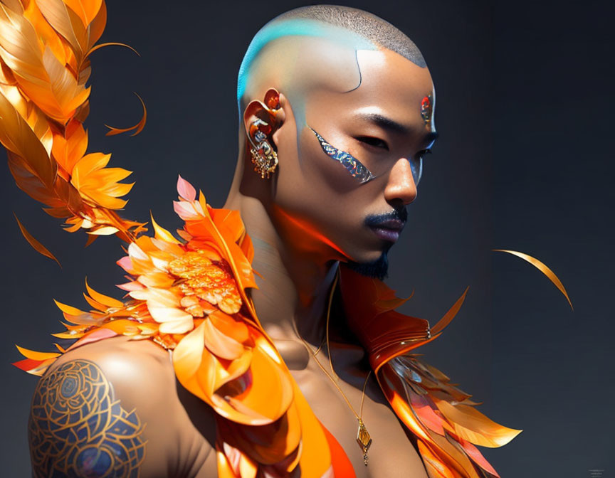 Bald person with blue head tattoo and ornate orange feather shoulder piece