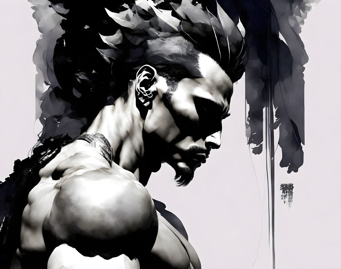 Monochrome profile artwork of muscular figure with flowing hair.