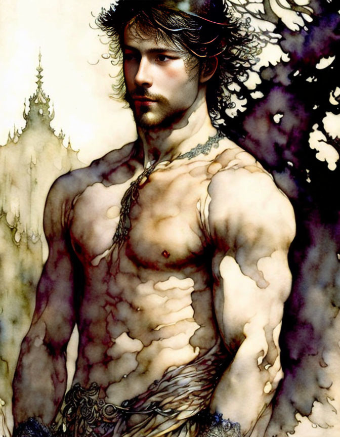 Muscular fantasy character with long hair, beard, ornate markings, in dreamy castle backdrop.