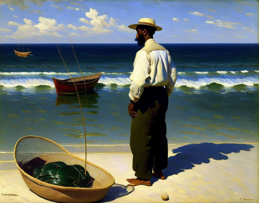 Man in straw hat on beach with fishing rod and buoy balls