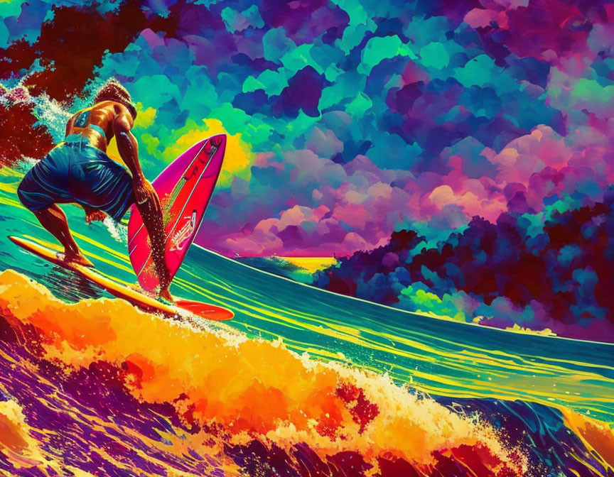 Colorful Digital Art: Surfer Riding Wave with Psychedelic Sky