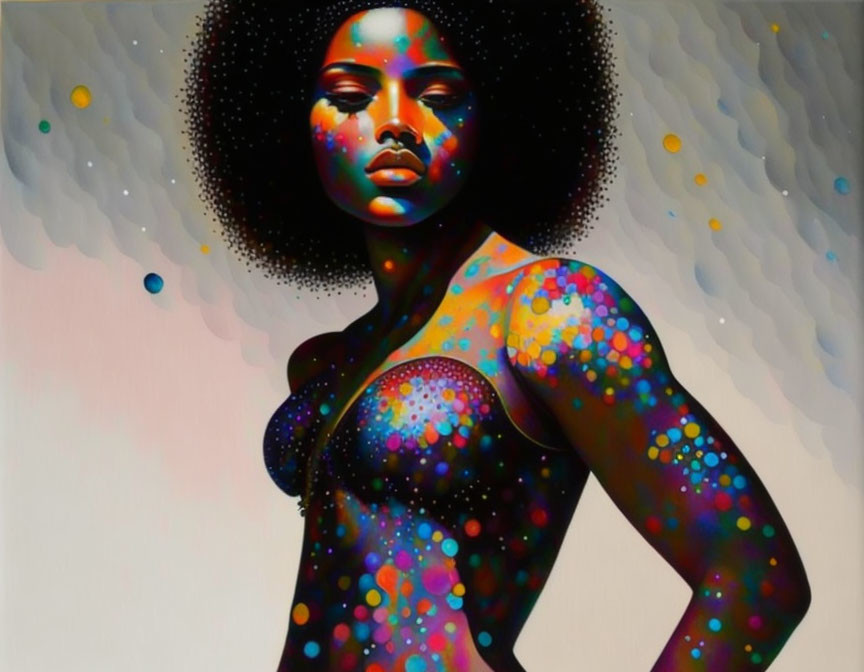 Vibrant artwork featuring woman with afro and dotted patterns