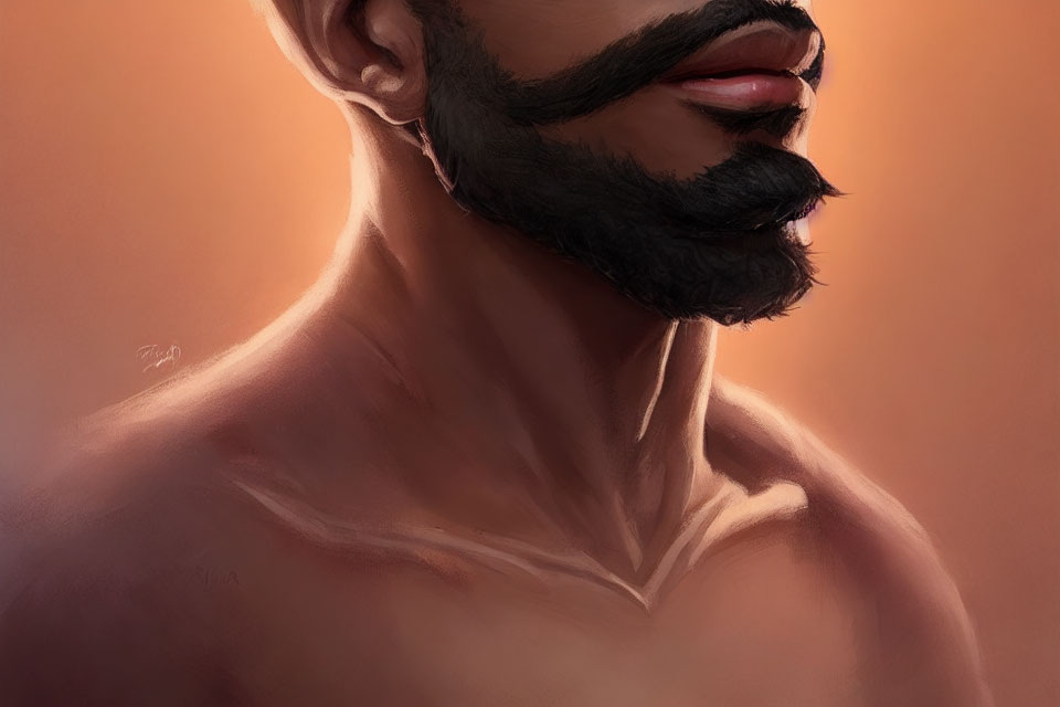 Detailed close-up illustration of a bearded man's lower face and neck in warm tones with soft lighting