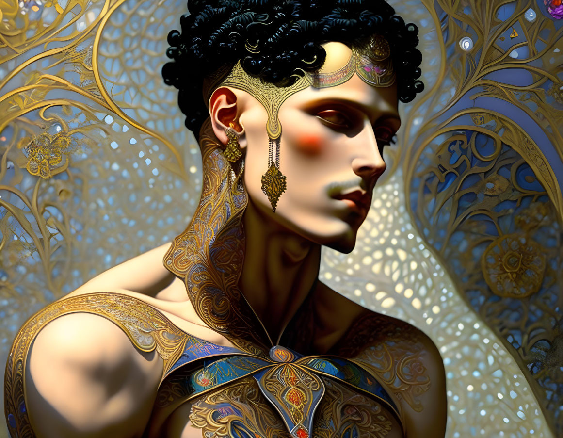 Detailed illustration of person with golden tattoos and jewelry on ornate background